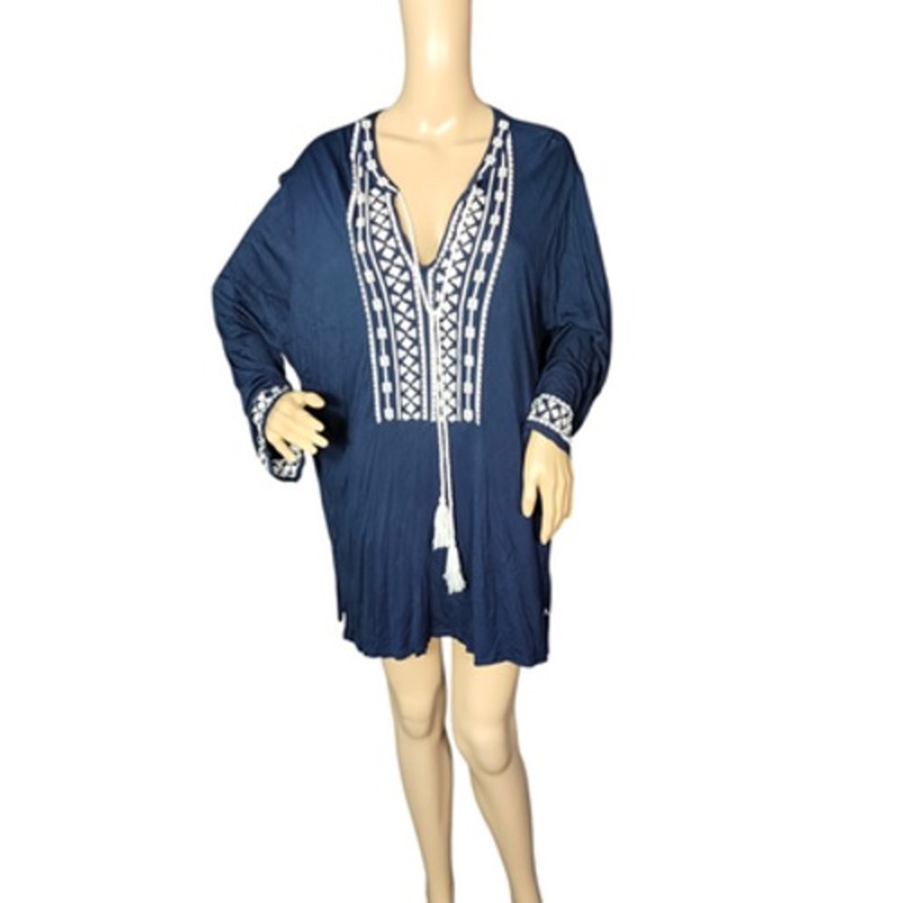 Margaritaville Tunic Top Womens Blue XL Embroidered Boho Cover Up Tassel Viscose